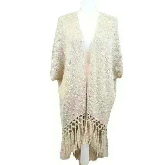Blu Pepper Vintage Cream Bohemian Fringe Cardigan Duster Crochet Back Size Large - Picture 1 of 9